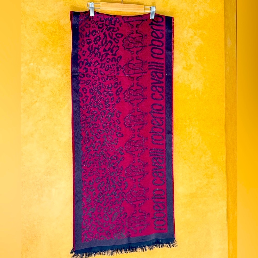 Roberto Cavalli Burgundy and Black Wool Scarf